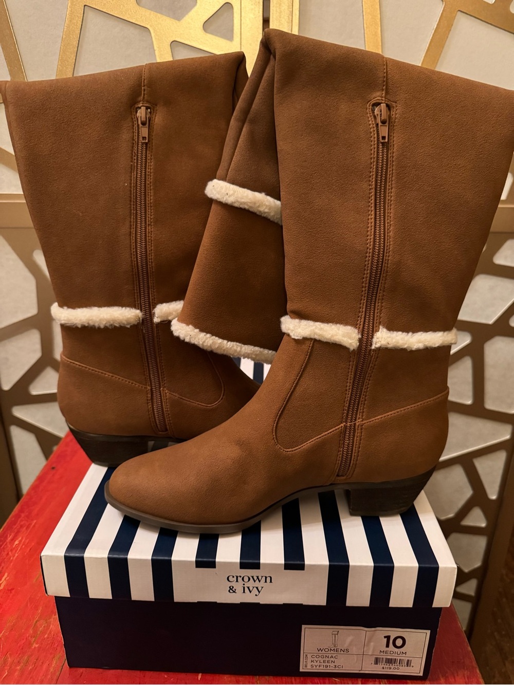 crown & ivy Chestnut Over-the-Knee Faux-Suede Boots with Cream Shearling Trim